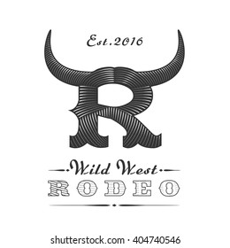 American rodeo vector logo, emblem, sign. Bull riding concept image. Texas lifestyle symbol. Bull hors used in letter R design element