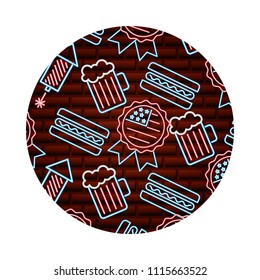 american rosette rocket flag beer and hot dog neon background on brick wall
