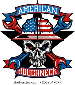 american roughneck skull logo design with hard hat and crossed wrenches	