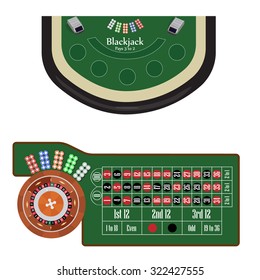 American roulette table with roulette wheel and ball, different colors chips vector illustration. Blackjack table. Gambling game