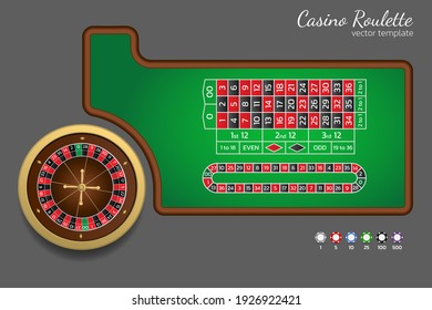 American roulette, two zero. Template for online casino and website. Roulette wheel, track for call bets and game chips. Vector illustration