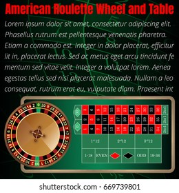 
American roulette wheel and table layout for online casino, poker, roulette, slot machines, card games. Elements for gambling. Cash bash