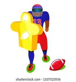 American rugby football player. Flat cartoon vector illustration on white background. American football player with training equipment on field. Sports equipment. 