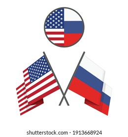 American and Russian crossed flags. Vector illustration of two Flags - United States of America (USA) with Russian Federation isolated on white background. 