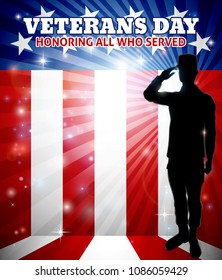 American saluting soldier with a patriotic Veterans Day red, white and blue flag background 