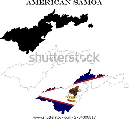 American Samoa Country Maps Bundle with National Flag, Black Silhouette and Detailed Outline Contours