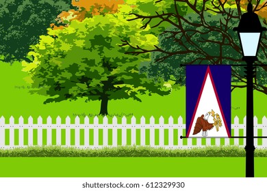 American Samoa Flag, Landscape of Park, Trees, Fence wooden and Street light Illustration 