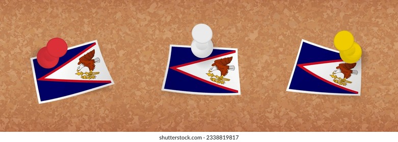 American Samoa flag pinned in cork board, three versions of American Samoa flag. Vector pushpins and flag set.