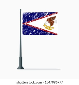 American Samoa flag with scratches, vector flag of American Samoa on flagpole with shadow.