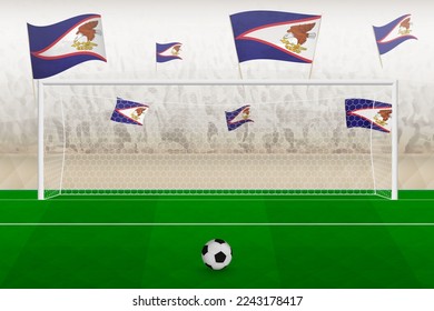 American Samoa football team fans with flags of American Samoa cheering on stadium, penalty kick concept in a soccer match. Sports vector illustration.