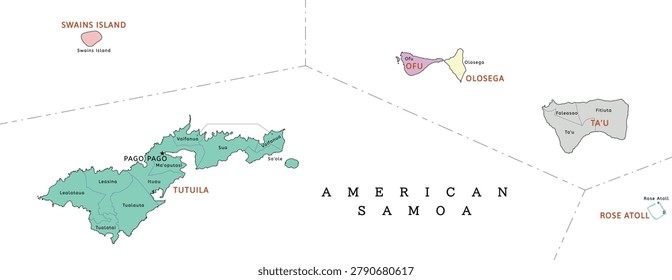 American Samoa regions map with counties. Colored. Vectored