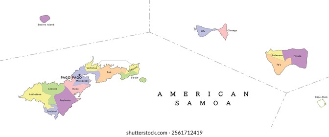 American Samoa territory administrative map with villages. Colored. Vectored. Bright colors