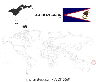 American Samoa (U.S.) map on a world map with flag on white background,Map and National flag of American Samoa (U.S.),Vector Illustration Flag and Map of American Samoa (U.S.) for continue.
