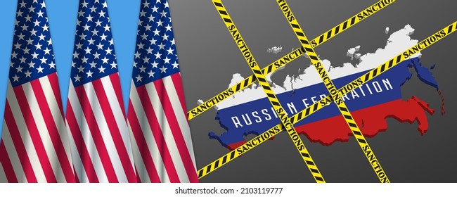 American sanctions against Russia. Flags of the USA, yellow ribbons and 3D map of the Russian Federation. Political and economic banner