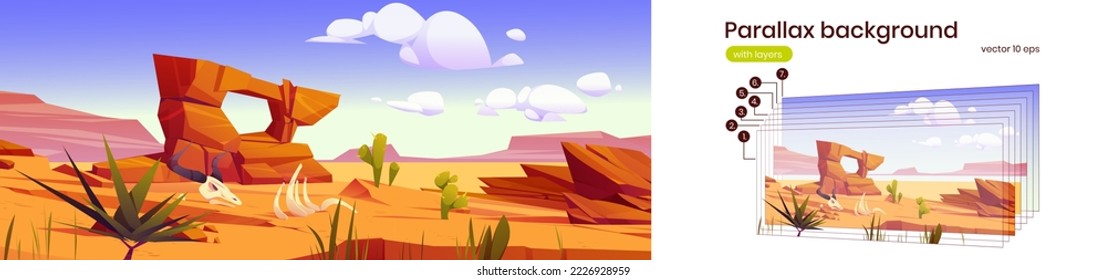 Desierto de arena americano con cactús, piedras y cráneo de toro y huesos. Paisaje del desierto cálido con montañas, plantas y esqueleto de búfalo, fondo de paralelos de dibujos vectoriales listos para la animación 2d con