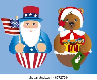 American Santa and bear Christmas ornaments with toy and stocking
