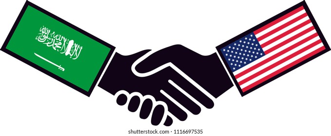 American and Saudi Arabian leaders shaking hands. Usa vs Saudi Arabia. Flag Vector.