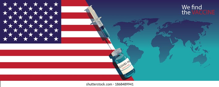 American scientist team has discovered the COVID-19 vaccine, laboratory test, syringe, a vaccine vial, working on the test. vaccine development Ready for treatment illustration, vector flat design
