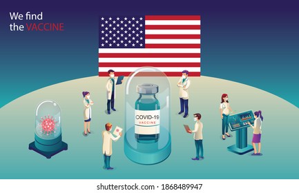 American scientist team has discovered the COVID-19 vaccine, laboratory test, syringe, a vaccine vial, working on the test. vaccine development Ready for treatment illustration, vector flat design