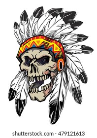 american scull in war bonnet on white background