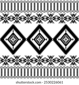 Padrão indígena indígena indígena tribal preto branco sem costura.Navajo tradicional,Asteca,Apache,Padrão de tecido estilo sudoeste.Motivo vetorial abstrato.Para tecido,roupas,cobertor,tapete,tecido,envoltório,decoração