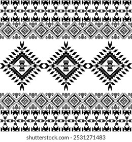 American seamless black white tribal ethnic native pattern.Traditional Navajo,Aztec,Apache,Southwest style fabric pattern.Abstract vector motif.For fabric,clothing,blanket,carpet,woven,wrap,decoration