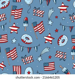 American seamless pattern with doodles for 4th of July, national holidays, etc. good for wrapping paper, scrapbooking, stationery, textile prints, wallpaper, sublimation, etc. EPS 10