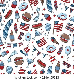 American seamless pattern with doodles on white background for wrapping paper, scrapbooking, textile prints, wallpaper, stationary, holiday decor. 4th of July, Independence day theme. EPS 10