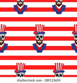 American seamless pattern with skulls with a beard in American hat