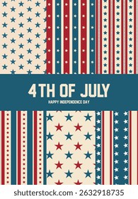 American seamless patterns. 4th July patriotic backgrounds. America independence day prints with stars, stripes and check. Collection geometric textures. Blue red modern wallpaper. Vector illustration