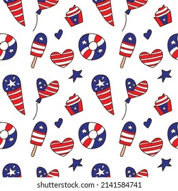 American seamless vector pattern. Hand drawn stars, balloon and sweets. Design for USA Independence Day 4th of July. Illustration for wallpaper, fabric, paper