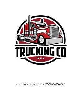 Vetor de logotipo americano semi caminhão. Ilustração do vetor do emblema do frete de 18 rodas isolada. Melhor para a indústria de transporte de mercadorias e caminhões