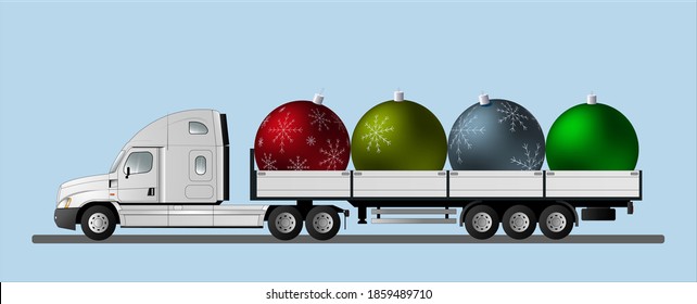 An American semi-trailer truck transports large Christmas tree decorations for Christmas and New Years. Vector illustration