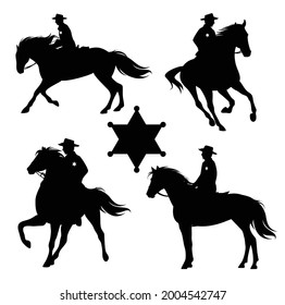 american sheriff officer riding horse - wild west mounted ranger black and white vector silhouette set