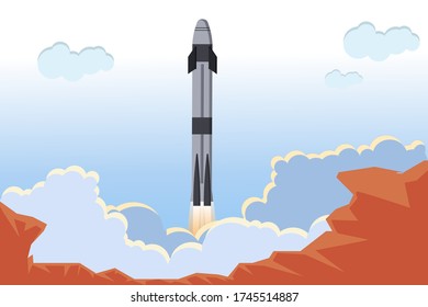 American ship. A flat launch ship with an astronaut capsule. Rocket launch. Clouds of smoke. Cosmodrome. Spaceship. International Space Station, flight. Flat style vector illustration.