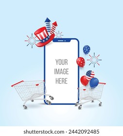 American Shopping banner mobile copy space template with cart, balloon, firework, hat on sky blue background. Vector illustration.