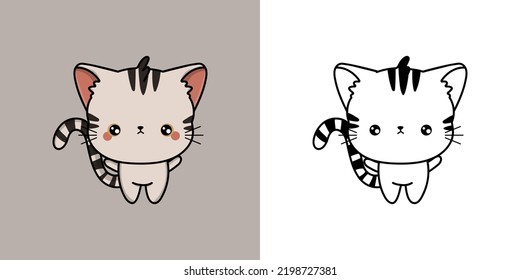 American Shorthair Cat Clipart Multicolored and Black and White. Beautiful Clip Art Cat. Vector Illustration of a Kawaii Animal for Prints for Clothes, Stickers, Baby Shower, Coloring Pages.
