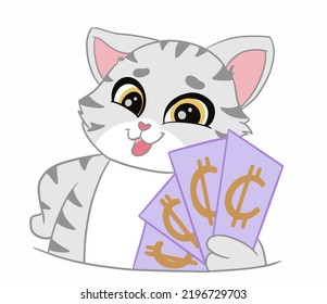 The American Shorthair cat showing many banknotes by hand and acts as a happy and joyful emotion. Doodle and cartoon art.