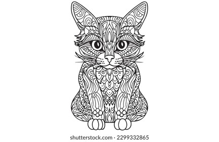 American shorthair cat silhouette cartoon-type coloring page for adults. Sketch of a cat with a butterfly