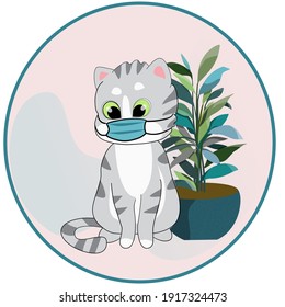 An American Shorthair cat is wearing a face mask for preventing virus and living new normal life, sitting near by a tropical tree. Flat color vector image.