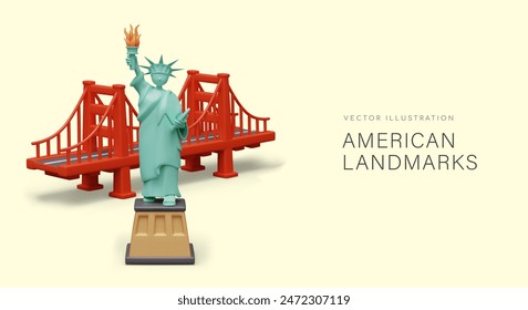 American sights, landmarks. Statue of Liberty, Golden Gate Bridge