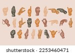 American Sign Language Alphabet. 26 letters of ASL. Sign Language spelling. Deaf culture, gestures. Flat items in boho colors.