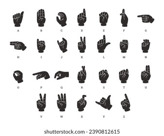 American sign language alphabet. Black one hand gesture showing letters vector illustration. Communication language for deaf, mute and hard hearing community.