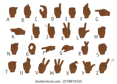 American Sign Language alphabet. An illustration of black African American hands for ASL educational poster. Deaf mute sign gestures. Isolated on white.