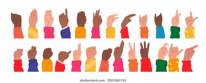 American Sign Language Alphabet. Set of hands in doodle style isolated human arms. vector illustration for ASL education poster, card, brochure, canvas, website, books