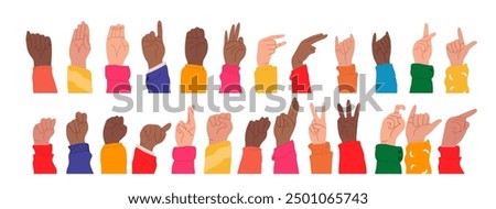 American Sign Language Alphabet. Set of hands in doodle style isolated human arms. vector illustration for ASL education poster, card, brochure, canvas, website, books
