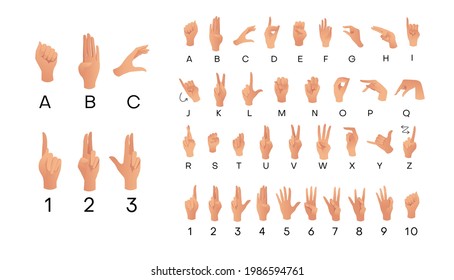 American Sign Language ASL Alphabet and numbers. Deaf-mutes hand language. Learning alphabet, nonverbal deaf-mute communication. Vector illustration