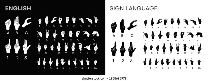 American Sign Language ASL Alphabet and numbers. Dactyl alphabet. Deaf-mutes hand language. Learning alphabet, nonverbal deaf-mute communication. Vector 