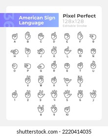 American sign language pixel perfect linear icons set. Communication system. Customizable thin line symbols. Isolated vector outline illustrations. Editable stroke. Montserrat Bold, Light fonts used