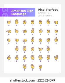 American sign language pixel perfect RGB color icons set. Communication. Isolated vector illustrations. Simple filled line drawings collection. Editable stroke. Montserrat Bold, Light fonts used